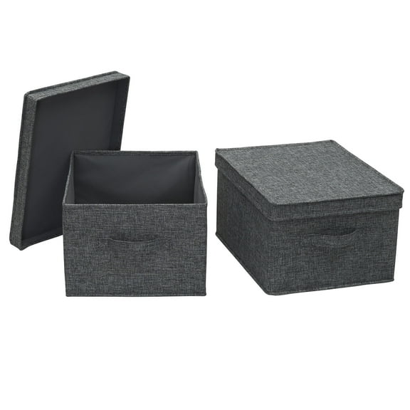 Household Essentials Large Fabric Storage Bins 2 Pack, Soft Poly Linen with Sturdy Sides, Attached Handle and Fully Removable Lid, Gray