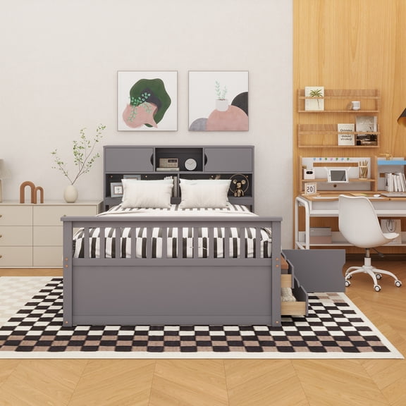 Full Size Captain Platform Bed Frame with Storage Bookcases and Shelves,Four Drawers,Gray