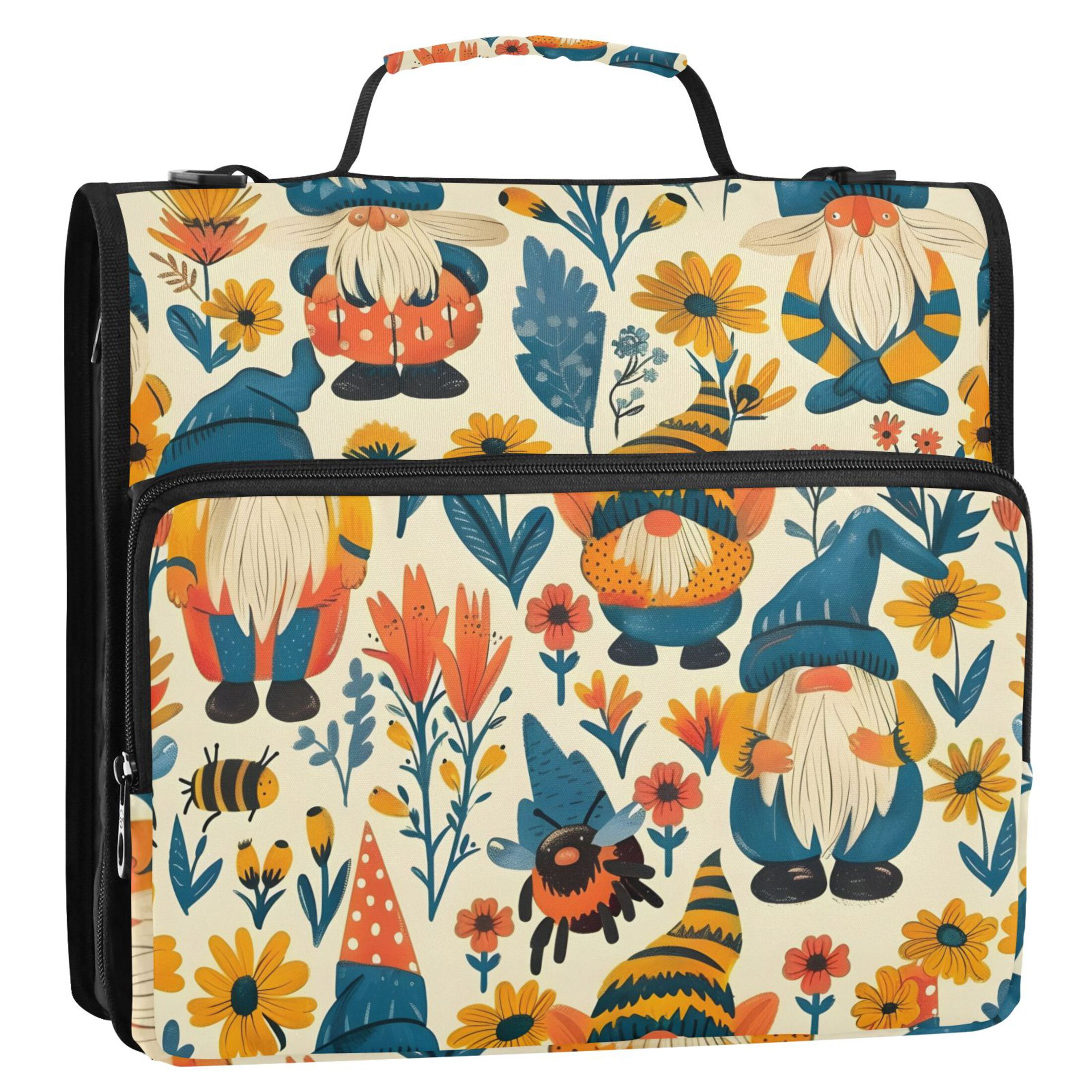 ALAZA Zipper Binder Gnomes and Floral 3 Ring Trapper Keeper File Folder Organizer Bag