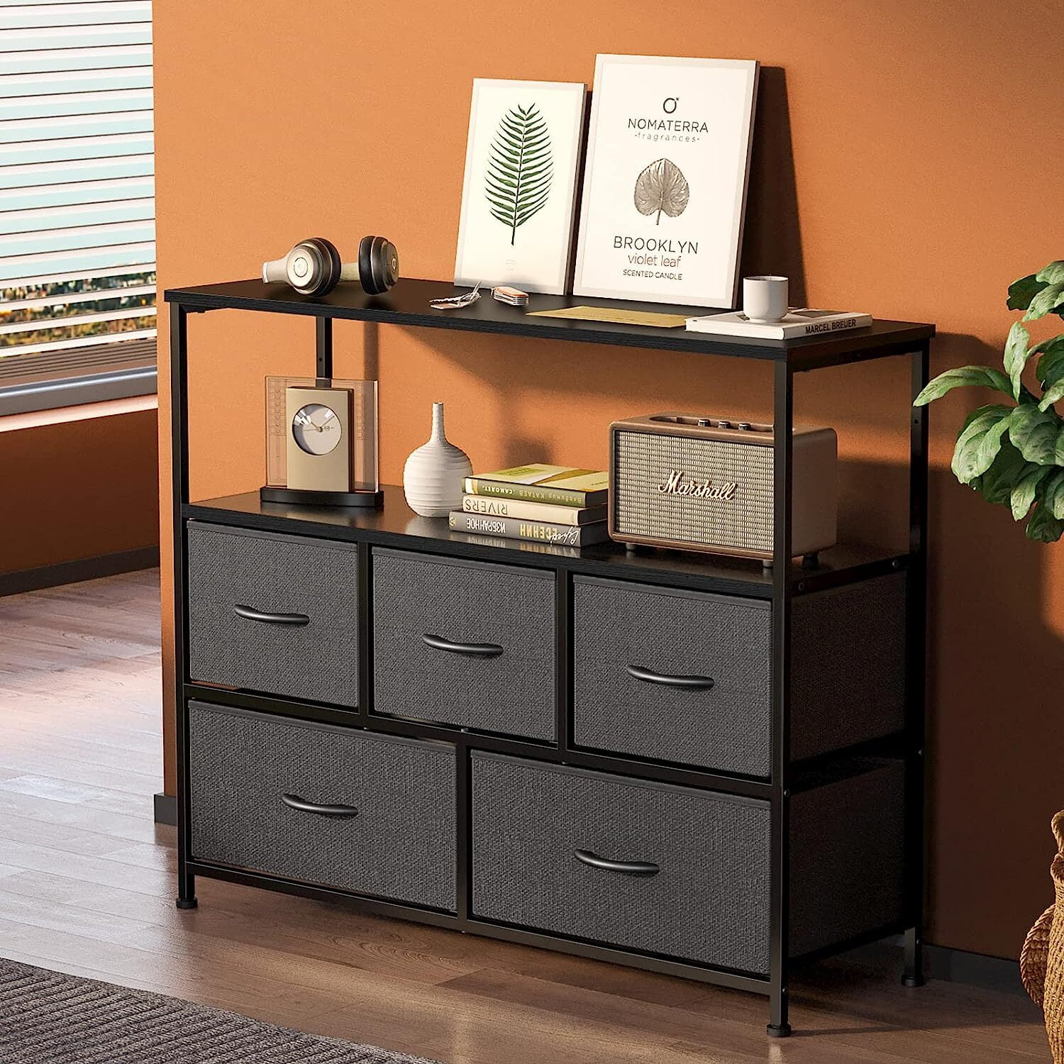 Nextay TV Stand Dresser with 5 Fabric Drawers, Small Media Console with Open Shelf for 45-Inch TV, Storage Organizer for Bedroom, Dorm, or Living Room
