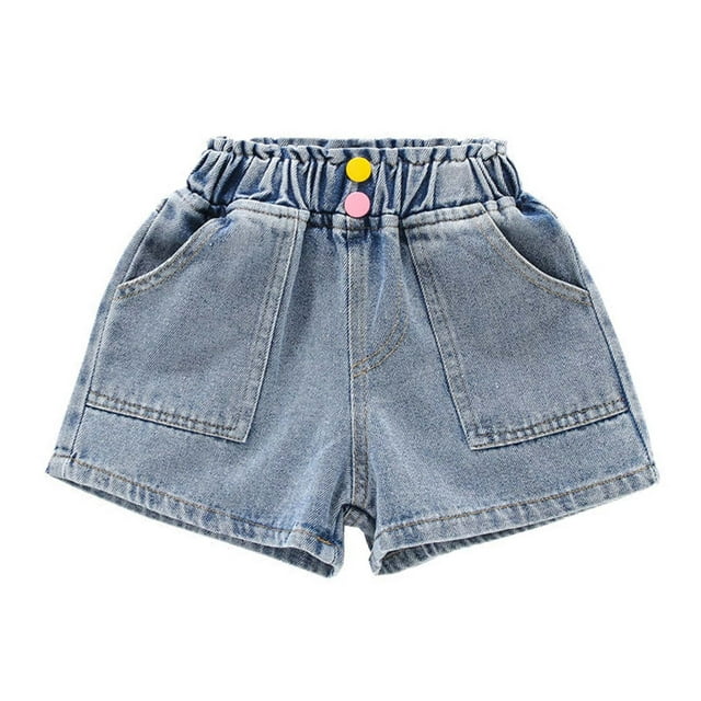 FAIWAD Girls' Stretch High Waisted Ripped Denim Shorts, Elastic Waist, Button Front, Straight Leg