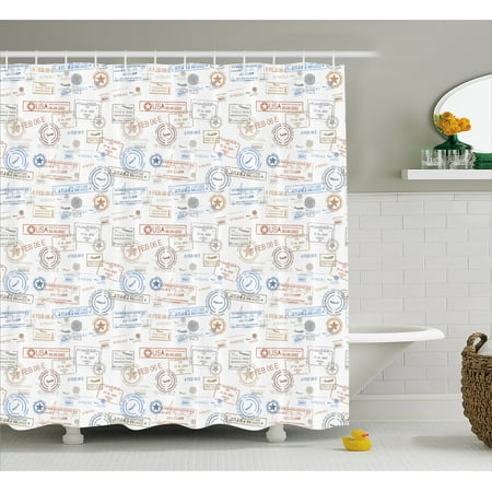 Travel Shower Curtain Vintage Old Rubber Stamps Tourist Passport Travel Shower Curtain Vintage Old Rubber Stamps Tourist Passport Visa Certificate Vacation Holiday Theme Fabric Bathroom Set With Hooks Multicolor