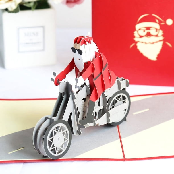 Tarjeta de Navidad emergente 3D, 3 piezas, tarjetas de felicitación navideñas hechas a mano con sobre para regalos de cumpleaños, vacaciones, tarjetas navideñas, tarjeta de agradecimiento de motocicleta de Papá Noel Rojo Verde