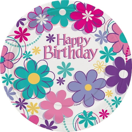 7" Teal Birthday Blossom Dessert Plates, 12-Count