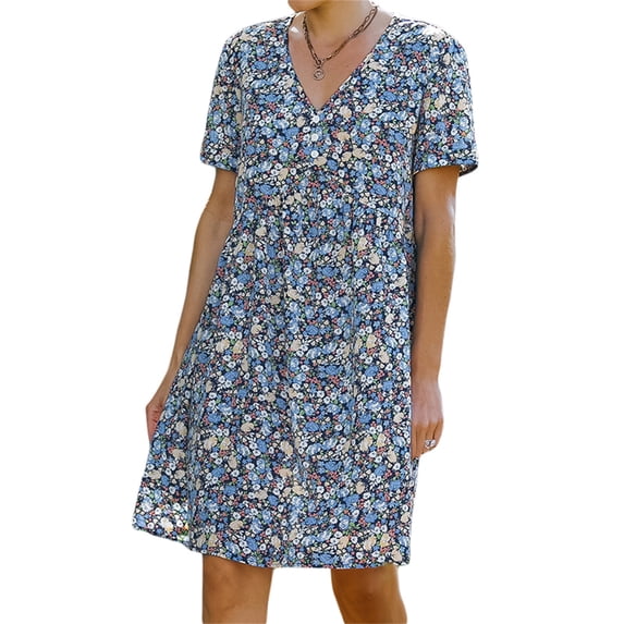 SAYOO Summer Loose Breathable Dresses for Women, V-neck Short Sleeve Cool Floral Printing Temperament Leisure Style Middle Skirt