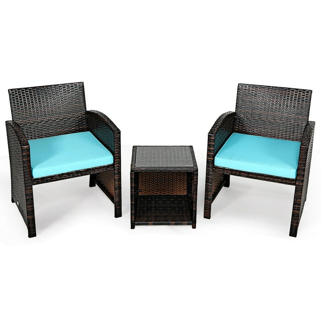 Gymax 3PCS Rattan Patio Conversation Furniture Set Yard Outdoor w/ Turquoise Cushions
