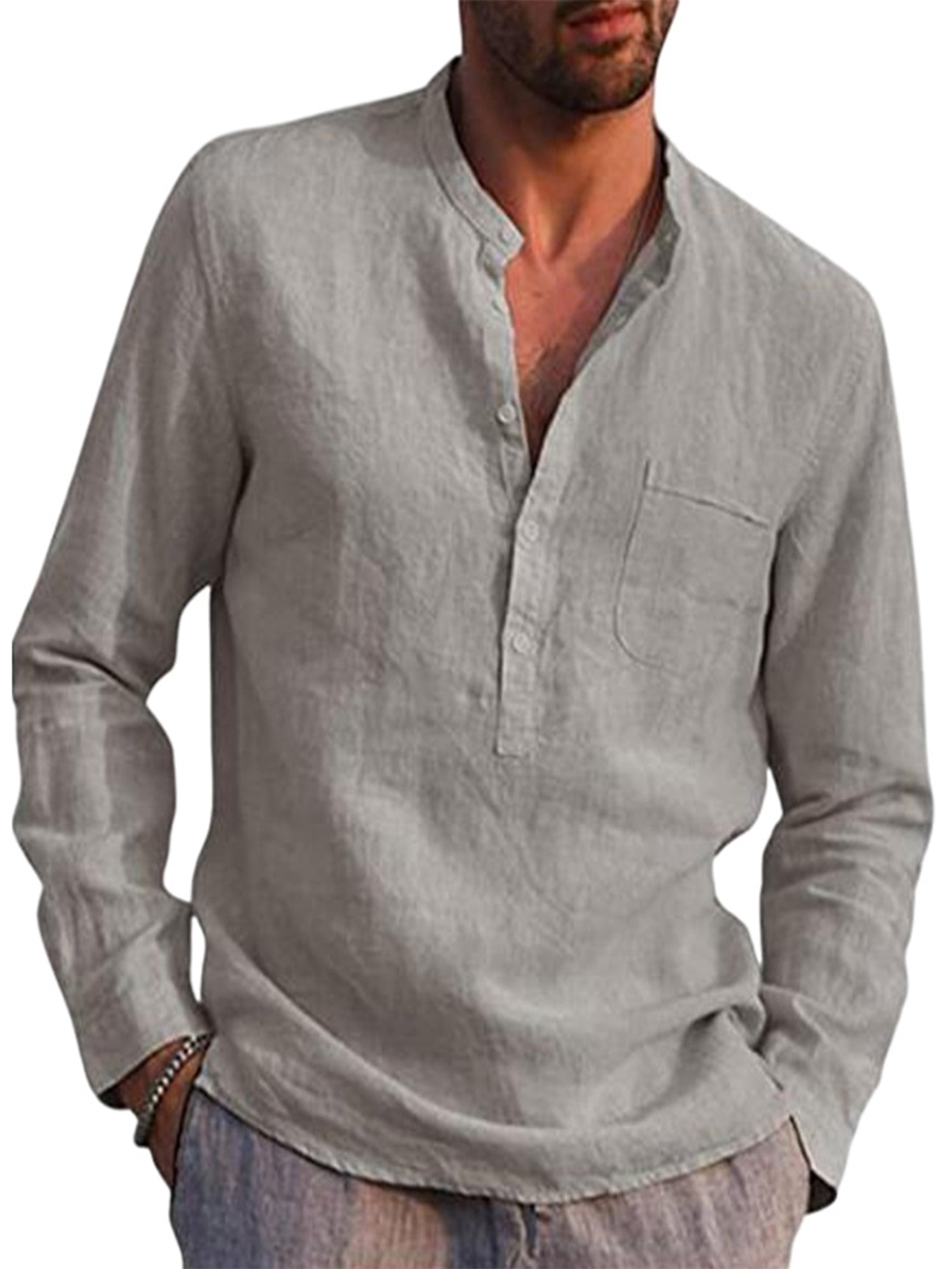 Bellella Cotton Linen Henley Shirt for Men Loose Fit Solid Tops Long Sleeve Hippie Casual Beach
