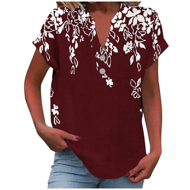 Camisetas de Manga Corta para las Mujeres Casual Impreso Botón Casa V-Cuello Camiseta Blusas, Poliéster