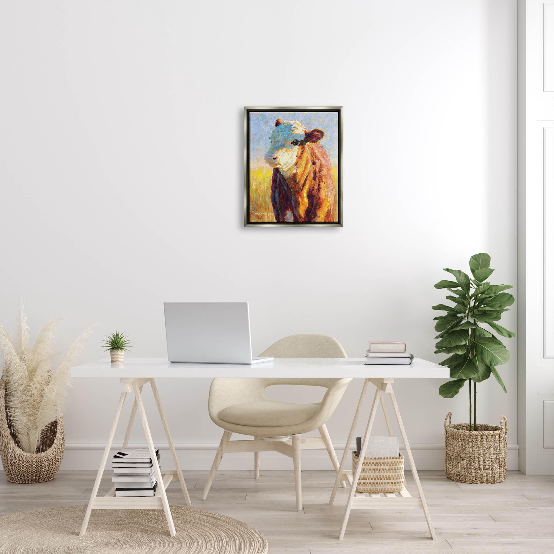 Modern Cow Portrait Impressionism Animals & Insects Painting Luster Gray Framed Art Print Wall Art