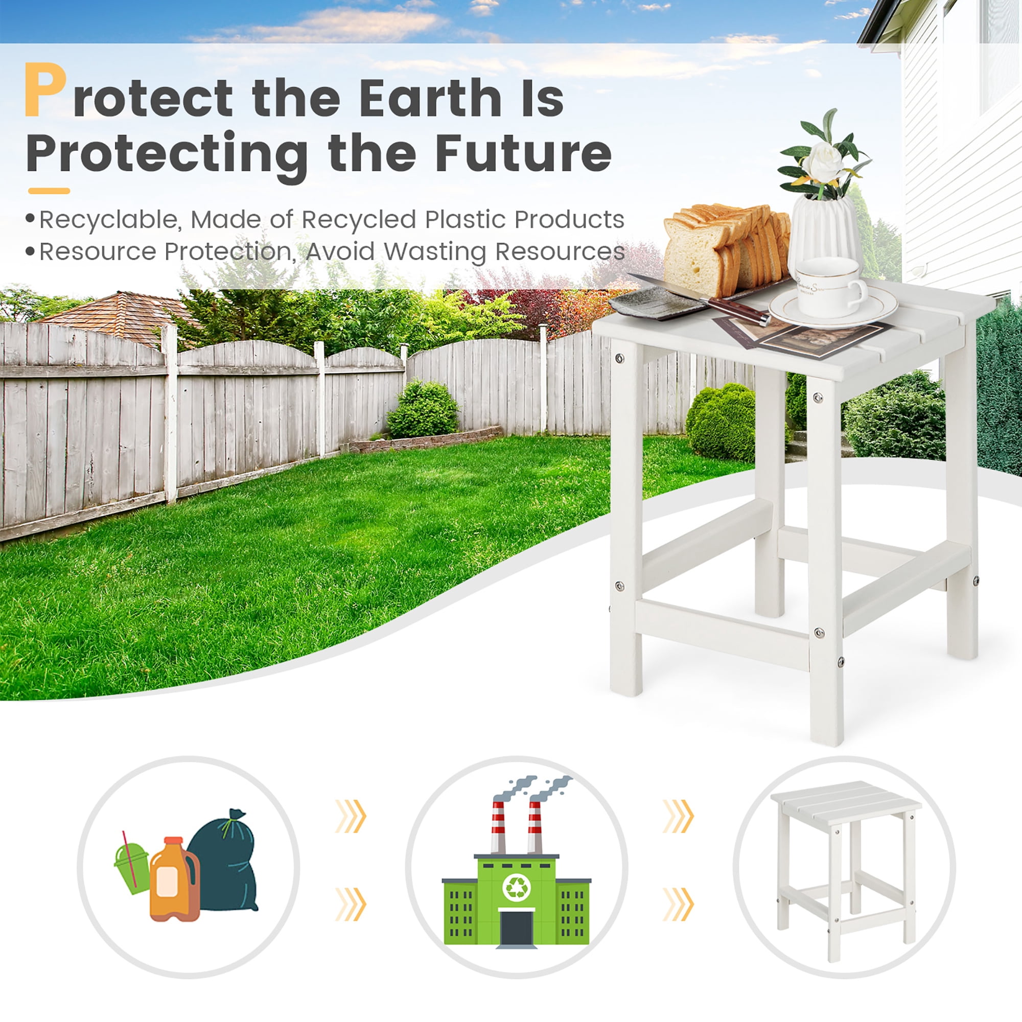 Costway 14'' Patio Adirondack Side End Table HDPE Square Weather Resistant Garden White