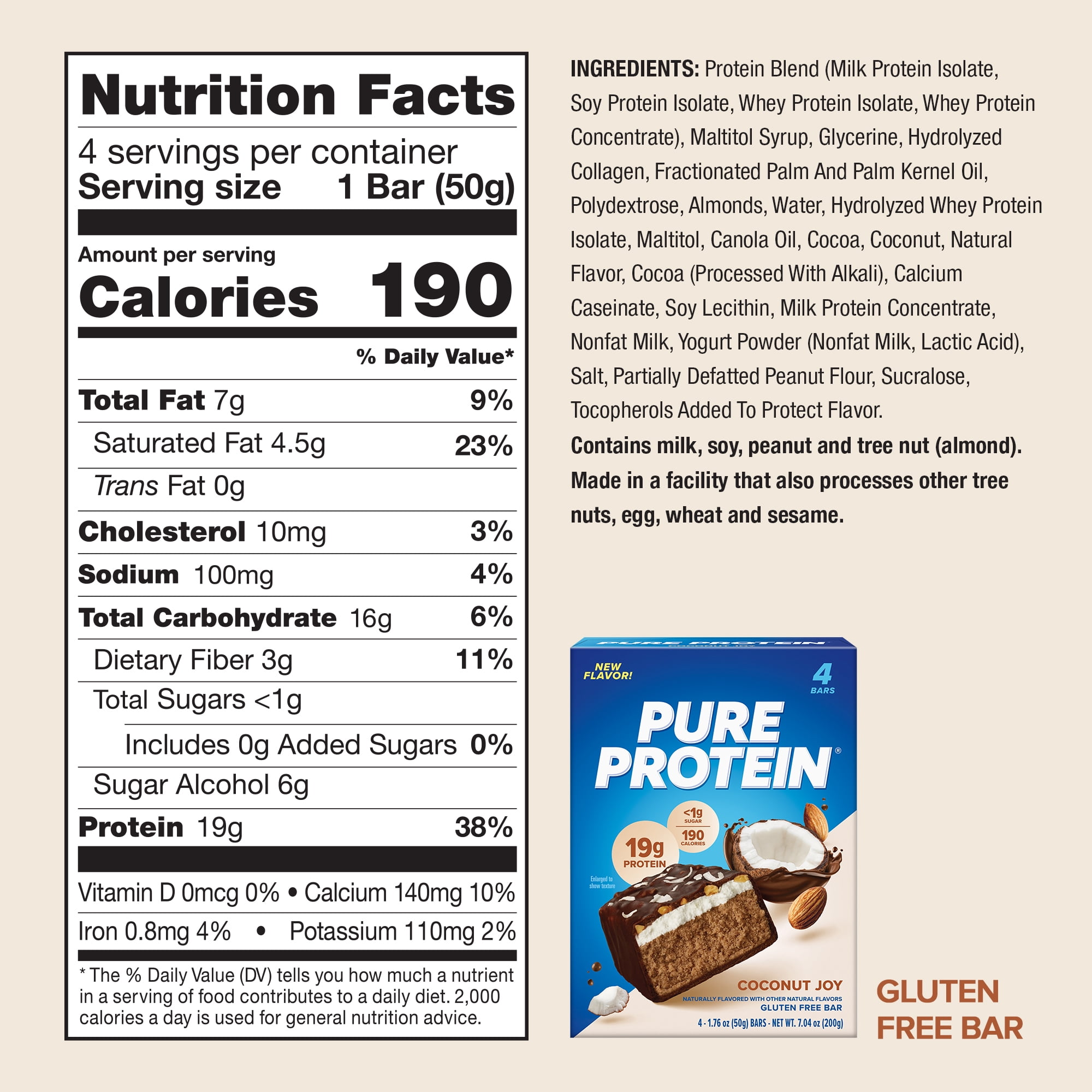 Pure Protein Bars, Coconut Joy, Gluten Free, 19g Protein, 1.76 oz, 4 Count