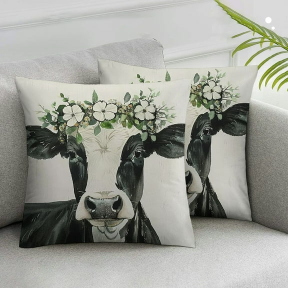 Acheng Cow Greenery Eucalyptus Throw Pillow Covers Outdoor Spring Summer Decor Country Farmhouse Lumbar Decorative Throw Pillows Cases Decorations for Couch Sofa Living Room,2 Pcs White