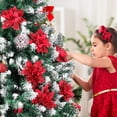 thumbnail image 2 of 12 Glitter Poinsettia Flowers , Artificial Christmas Tree Decorations - Clip-On Holiday Floral Arrangements with Stems (Red/Gold), 2 of 6
