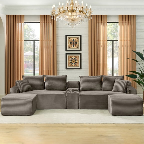 Aukfa 127" U Shaped Cloud Sectional Sofa Modular Boneless Couch with USB&Cupholdes Storage Console for Living Room, Corduroy, Brown