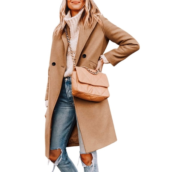 Women's Winter Coat Casual Lapel Single-Breasted Peacoat Khaki S