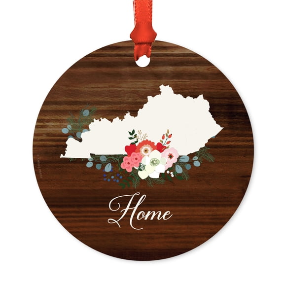 US State Round Metal Christmas Ornament, Rustic Wood with Florals Home, Kentucky, Includes Ribbon and Gift Bag
