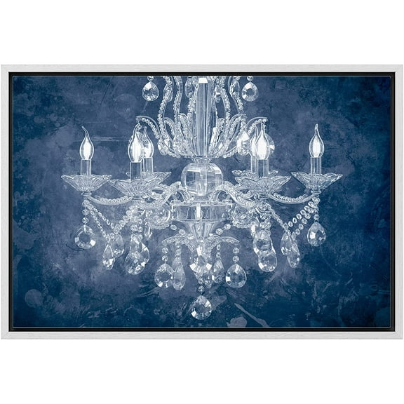 wall26 Framed Canvas Print Wall Art Navy Blue Fancy White Crystal Chandelier Decorative Lights Digital Art Realism Contemporary Chic Relax/Calm for Living Room, Bedroom, Office - 16"x24" Wh