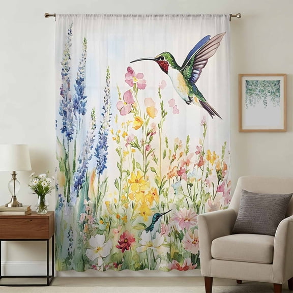 Floral Hummingbird Sheer Curtains 45 Inches Long, Spring Watercolor Flowers Light Filering Curtains, Breathable Simi Curtain Privacy Drapes for Kitchen Bathroom Lightweight Small Window Treatment
