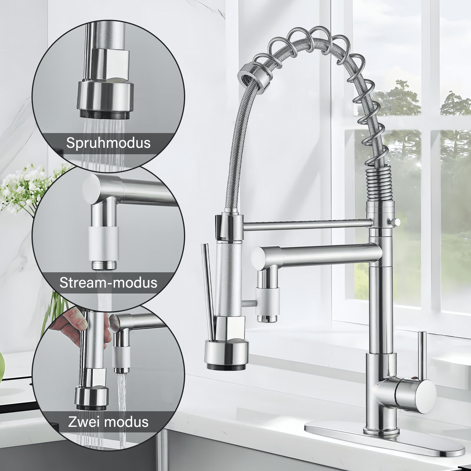 Zovajonia Pull-Down Sprayer Kitchen Faucet Sink Swivel Spout Single-Handle Mixer Tap Brushed Nickel