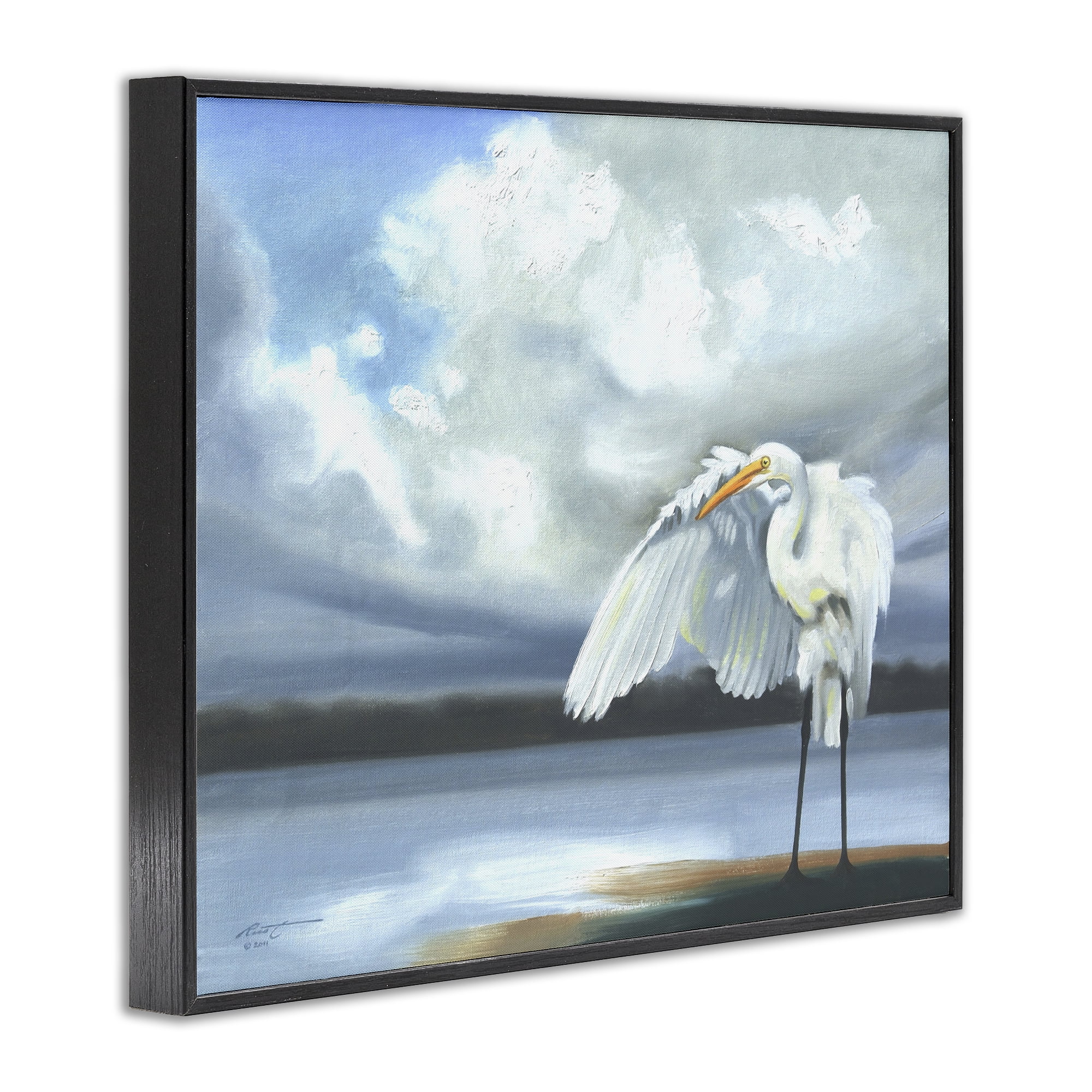 Stupell Industries Egret on Cloudy Beach Shore Animals & Insects Painting Black Framed Art Print Wall Art, 14 x 11