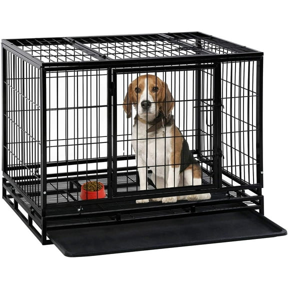 BestPet Large Dog Cage, 48/42/36", Heavy Duty, Indoor/Outdoor, Plastic Tray, Double Door Lock, Black