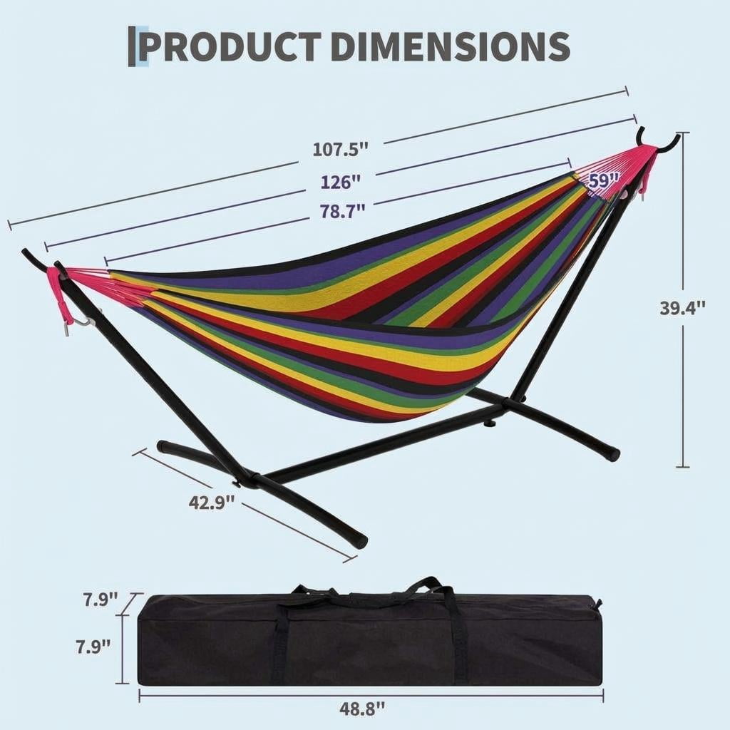 JoanKaren Double Hammock with Portable Space Saving Heavy-Duty Steel Stand,2 Person Outdoor 450lb Capacity Standing Hammocks,Indoor/Outdoor,Black Rainbow Stripes