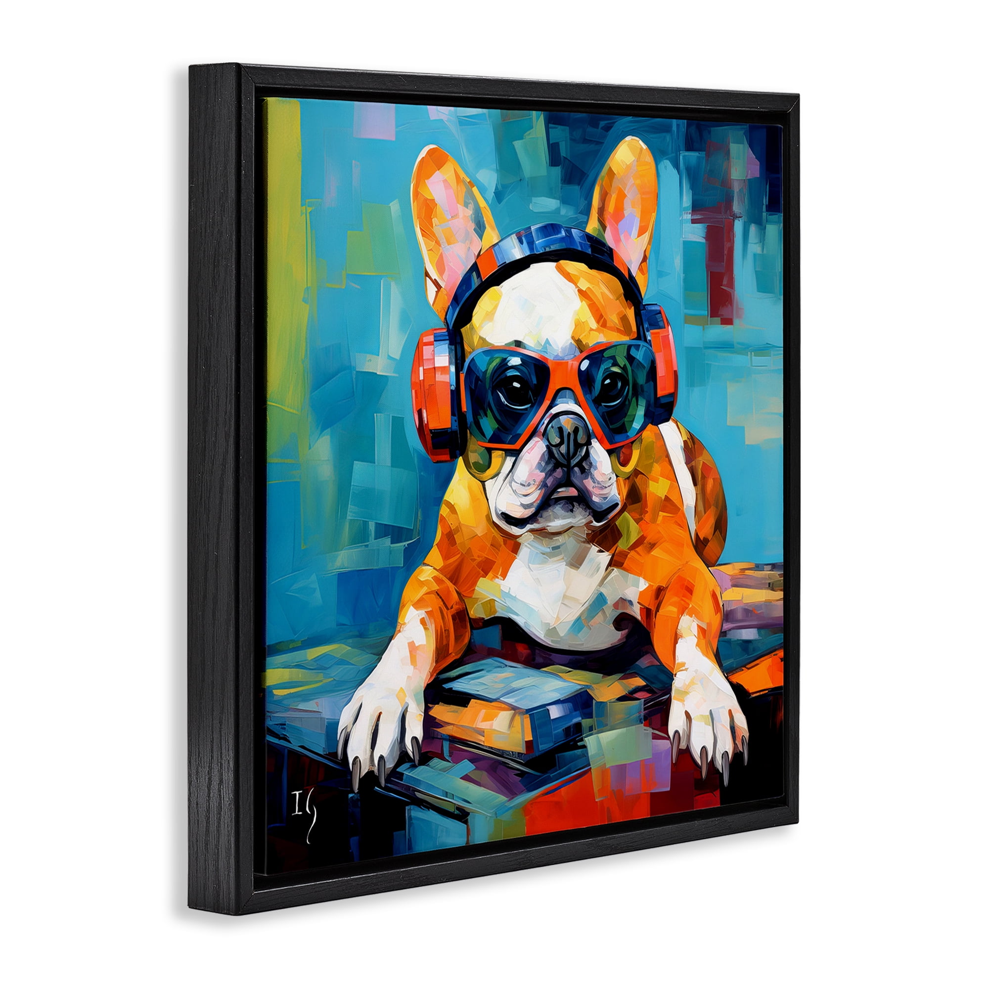 Stupell Industries French Bulldog with Headphones Animals & Insects Painting Black Floater Framed Canvas Art Print Wall Art, 18 x 18