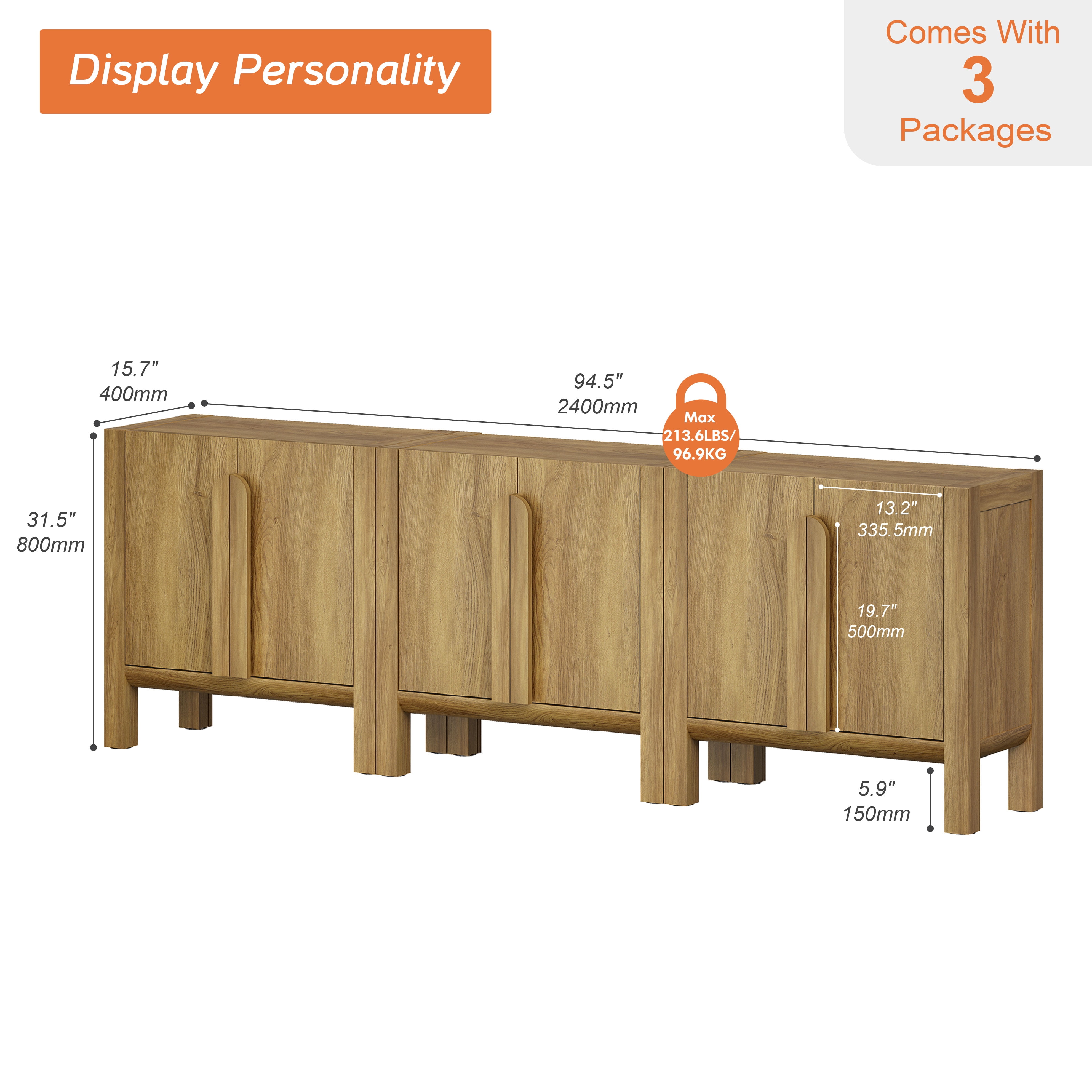 94.5" Mid-Century Modern TV Stand with Storage, 3-In-1 Entertainment Center with 6 Doors and Adjustable Shelves,Wooden TV Console for Living Room