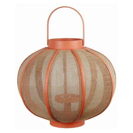 Saltoro Sherpi Farmhouse Wood and Metal Lantern with Mesh Details, Orange and Beige