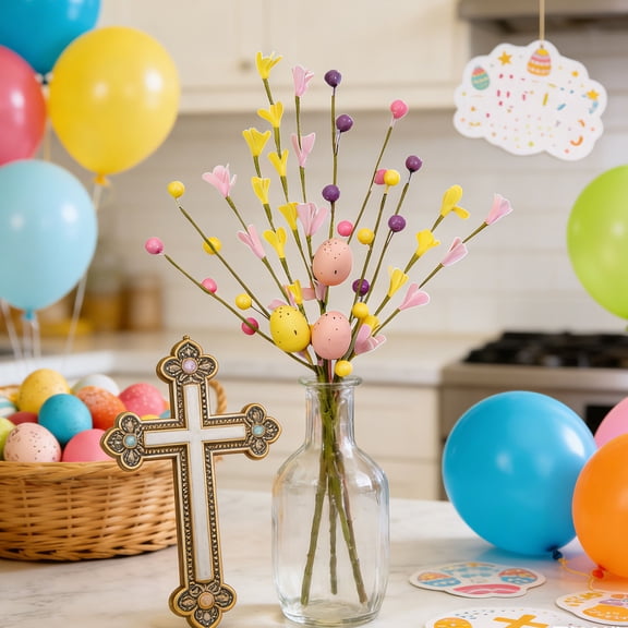 Anhility Spring Easter Table Centerpiece Decor Easter Artificial Flower Picks with Egg Stems Twig Branches Sprays with Berries for Home Arrangement (16.93"x9.84")
