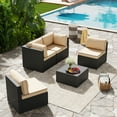 thumbnail image 4 of Walsunny 5 Pieces Outdoor Furniture Patio Sectional Sofa Set, Wicker Rattan Conversation Sets with Cushions and Glass Table, Black Rattan Khaki Cushions, 4 of 8