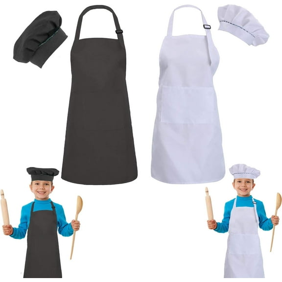 2 Sets Kids Chef Hat and Apron - Children Cooking Kitchen Paint Chef Craft Baking Aprons, for Kids Children Girls Boys 5-12 Years (One Size)