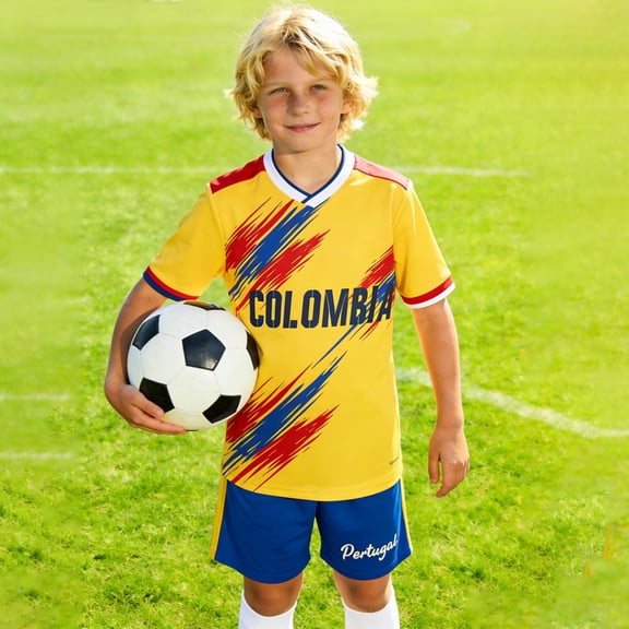 Kids 2-Pack Soccer Colombia Jersey Outfits Boys Team And Shorts Athletic Youth Training Play Casual Football Fans Outfit 3-14 Years