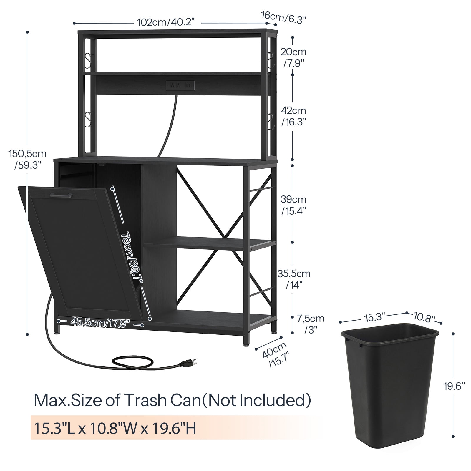 HOOBRO Bakers Rack Microwave Stand with Trash Can Bin Cabinet, 5-Tier Kitchen Storage Shelf Cabinet with Power Outlet, Tall Coffee Bar Table Station for Dining Room, Living Room, Black BB50UHB01