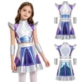 thumbnail image 4 of iiniim Girls 3 Pieces Halloween Alien Cosplay Outer Space Outfit Cap Sleeve Glossy Color Block Top and Skirt with Oversleeves for Role Play Party Colorful 16, 4 of 7
