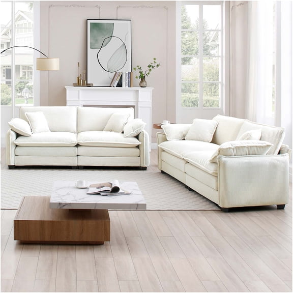 JERFIT 4-Seater Corduroy Sofa Set, 2-Piece Loveseat Couch for Living Room, Bedroom, Beige Retro Modern Furniture