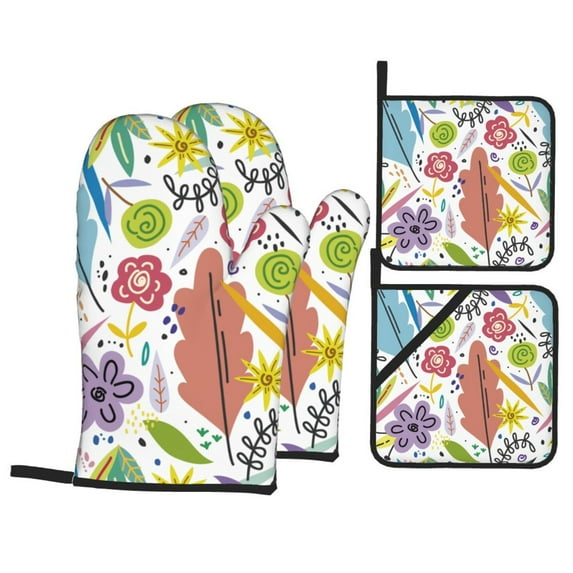YFYANG Oven Mitts and Pot Holders Sets 4 Pieces, Non-Slip Heat Resistant Spring Flower Graffiti Kitchen Glove Pot Mat for Cooking and Baking