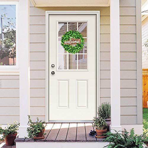 15 Welcome Wreath with Wooden Welcome Sign and White Flower Green Wreath for Front Door Window Home Decoration Lvydec Artificial Boxwood Wreath
