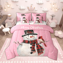 Manfei Kawaii Snowman Twin Bedding Sets 7pcs for Kids Children, Merry Christmas Bedding Comforter Set, Snow Cardinal Bird Sheet Sets, Pink Home Decor