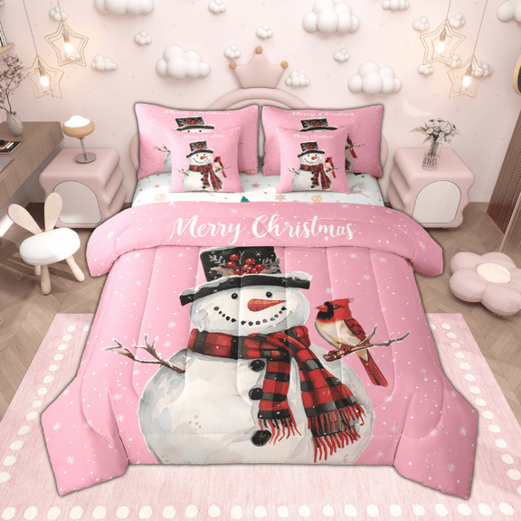 Manfei Kawaii Snowman Twin Bedding Sets 7pcs for Kids Children, Merry Christmas Bedding Comforter Set, Snow Cardinal Bird Sheet Sets, Pink Home Decor