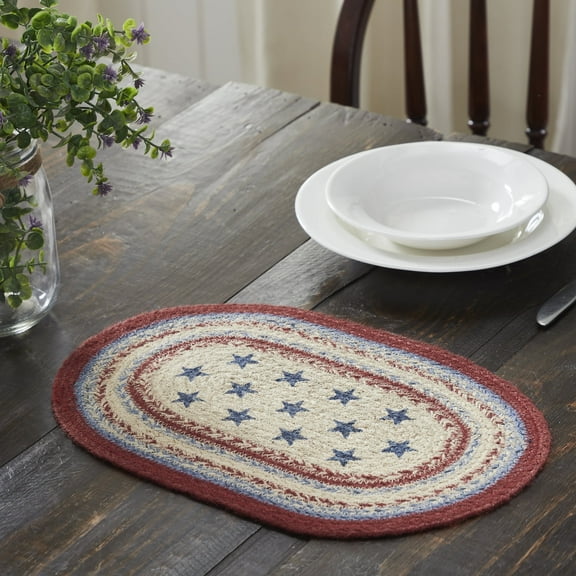 VHC Brands Celebration Dining Table Placemat, Braided Jute, Oval, Red Creme Blue, 10x15