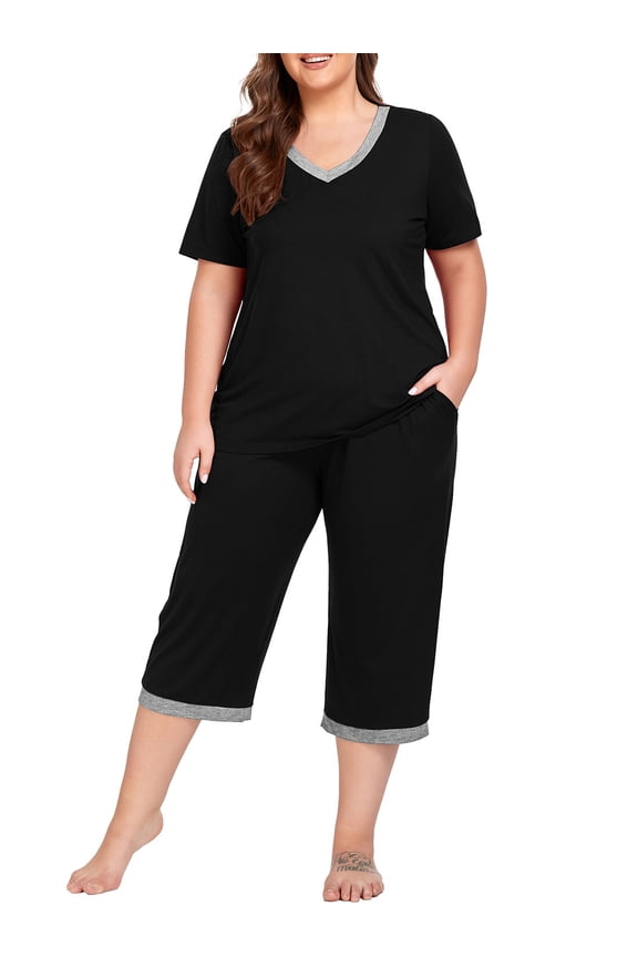 Women Plus Size Pajamas Set Short Sleeve Pjs Sleepwear Loungewear Nightwear with Pockets