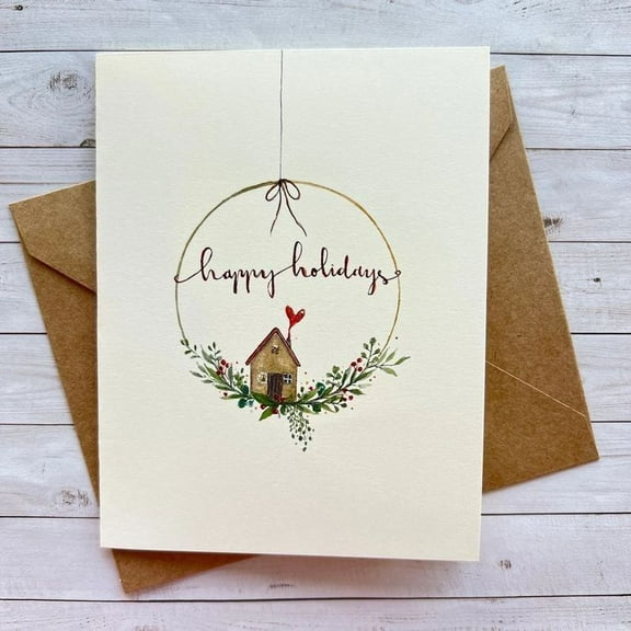 Happy Holidays Greeting Card Elegant House Design with Wreath Blank Inside, Eco-Friendly Cardstock Perfect for Holiday Wishes and Seasonal Greetings