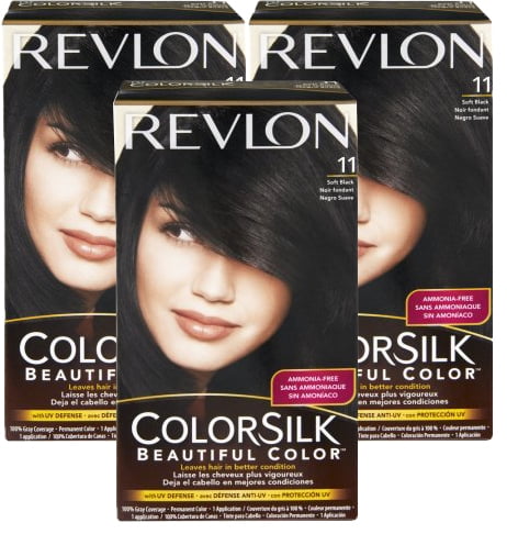 (3 Pack) Revlon ColorSilk 11 Soft Black Permanent Hair Color, 1.0 KIT