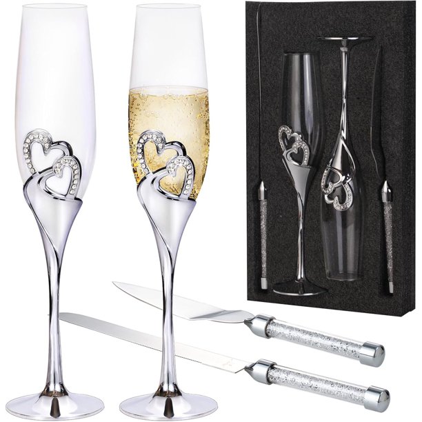 Juego de Cuchillo para Pastel Y Copas de Champán, Flauta de Champán Y Cuchillo para Pastel, Juego de Flauta de Champán Y Cuchillo para Pastel de 4 Piezas para Fiesta de Aniversario de Boda - Xiang Bin