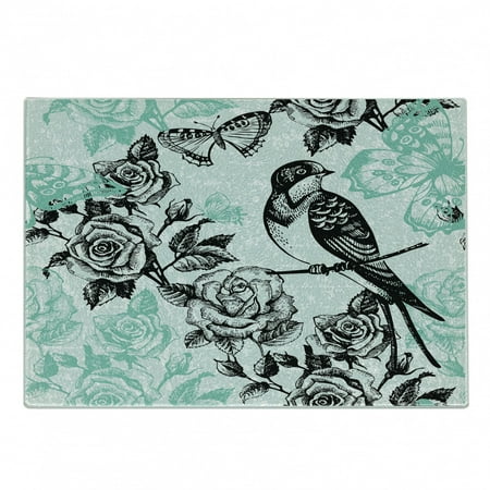 

Birds Cutting Board Hand Drawn Sketch of Mockingbird on Bloomed Roses and Butterflies Decorative Tempered Glass Cutting and Serving Board in 3 Sizes by Ambesonne