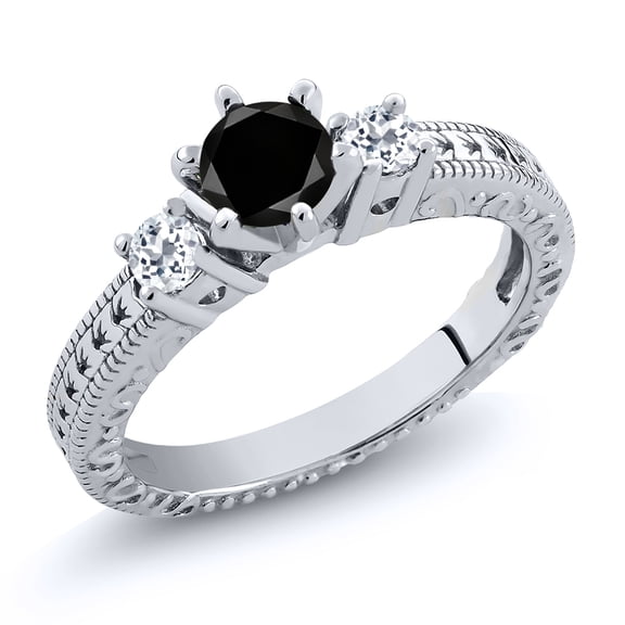 Gem Stone King 0.83 Ct Round Black Diamond White Topaz 925 Sterling Silver Ring (Size 5)
