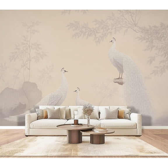 Wallpaper Elegant White Peacocks Soft Pastel Botanical Garden Peel and Stick Wall Murals 100"H x 144"W Removable PVC Wall Paper Self-Adhesive Wall Paintings Art Decor for Bedroom Living Room