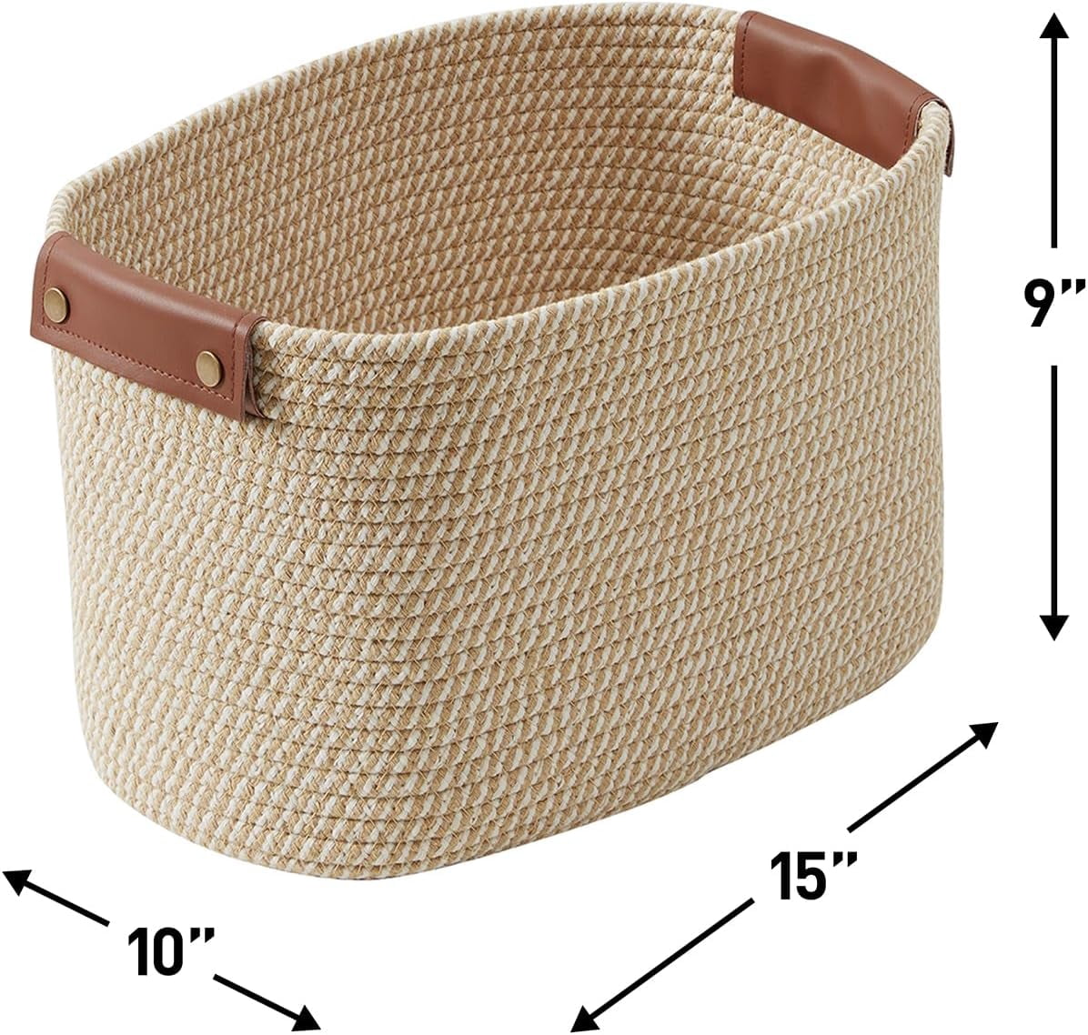 3 Pack Woven Cotton Rope Shelf Storage Basket with Leather Handles, Baby Nursery Storage Bin Organizers, Closet Shelf Storage - 15 x 10 x 9