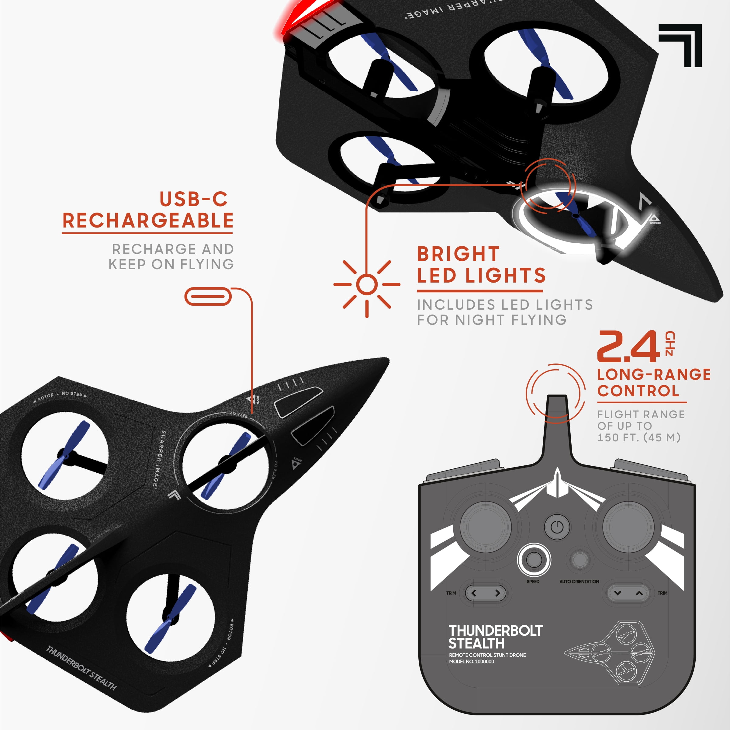 Sharper Image® Thunderbolt Stealth Drone, USB-C Rechargeable, Flight Assist & Gyro Sensor, Long Range Stunt Control